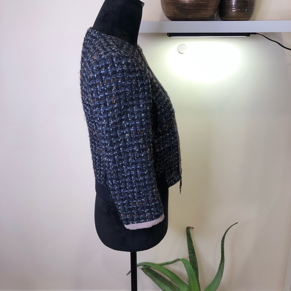 Ann Taylor LOFT Navy Tweed Wool Bomber Jacket Blazer Silver Chain Detail XSP - Picture 6 of 9
